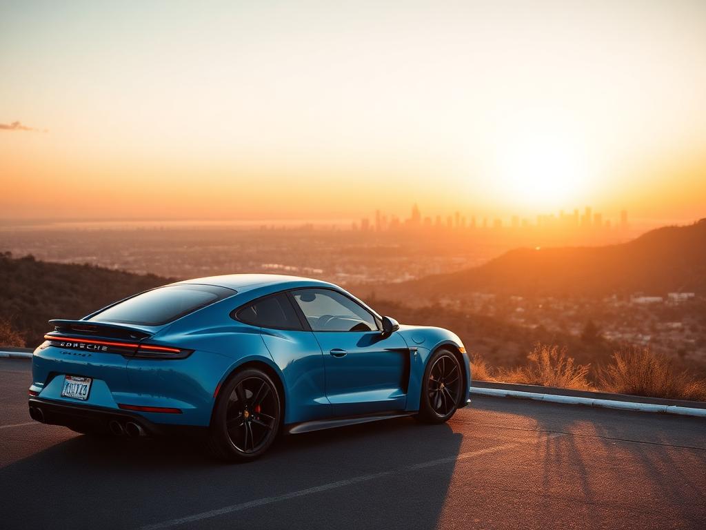 Frozen Blue Porsche Taycan at golden hour